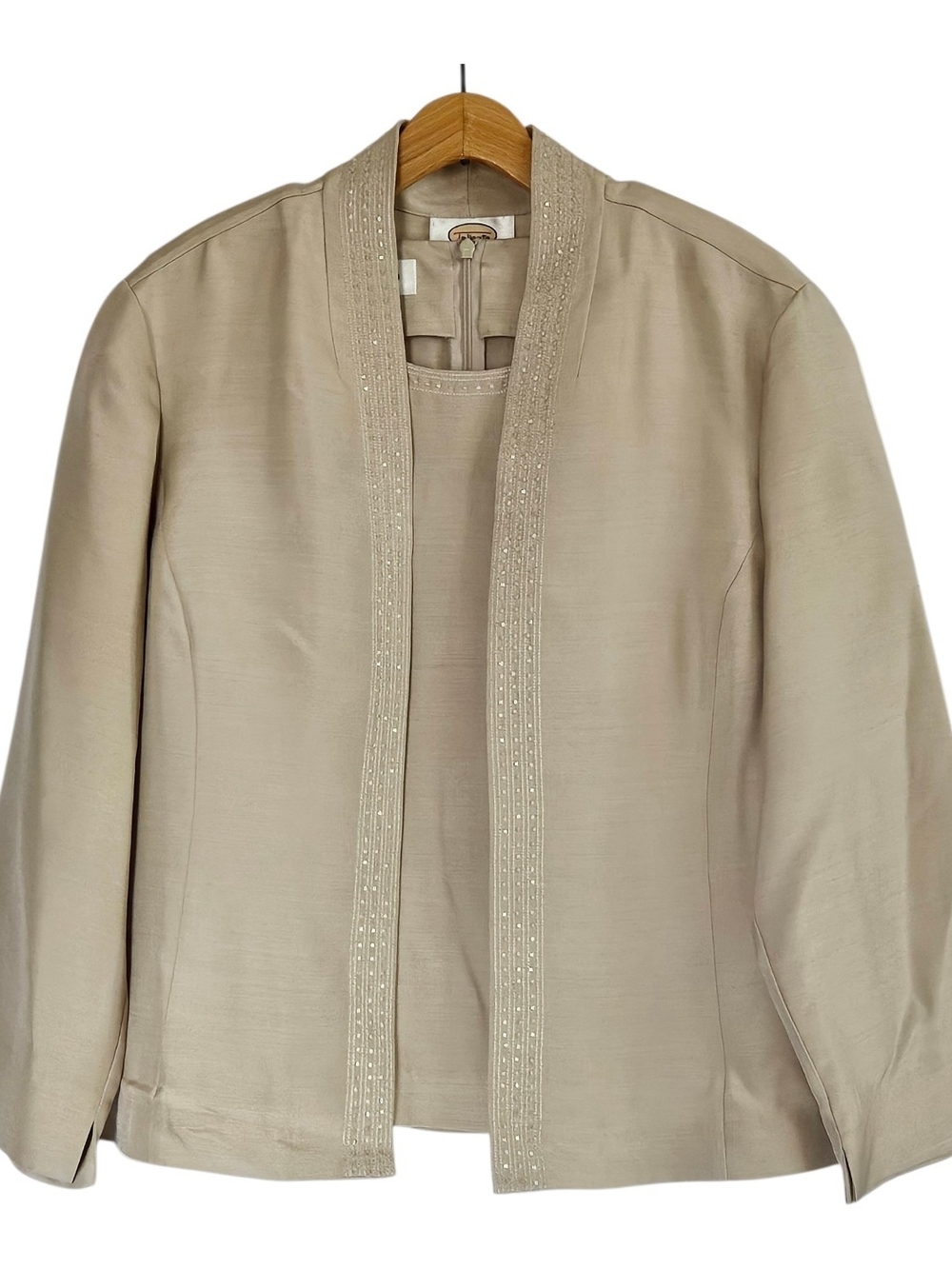 Beige Open-Front Women's Dress Jacket Talbots Silk Wool Embellished Womens 16